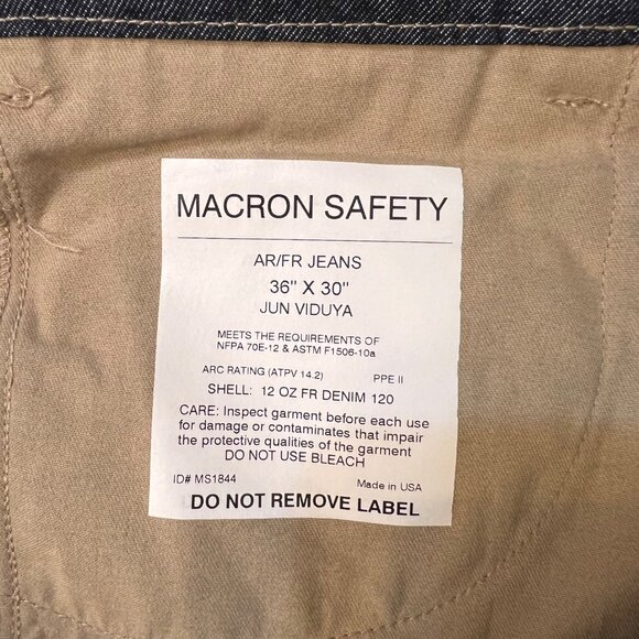 AR/FR Macron Safety 12 Oz Denim Jeans 36 X 30 OSHA COMP Flame Resistant Made USA - Picture 9 of 16
